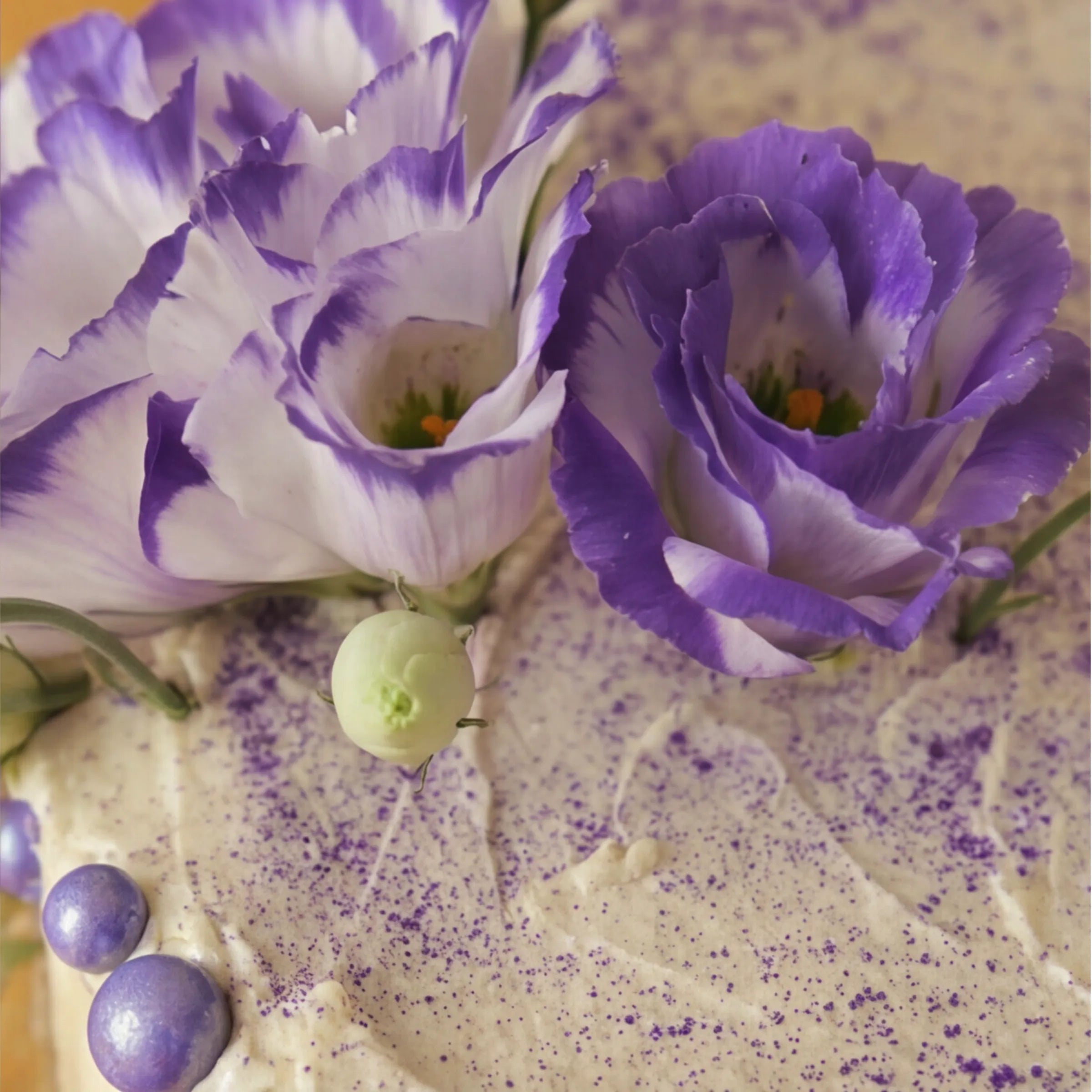 Macro close-up of bicolour purple lisianthus blooms on the Creamy Violet Dream Cake by Fabulous Flowers