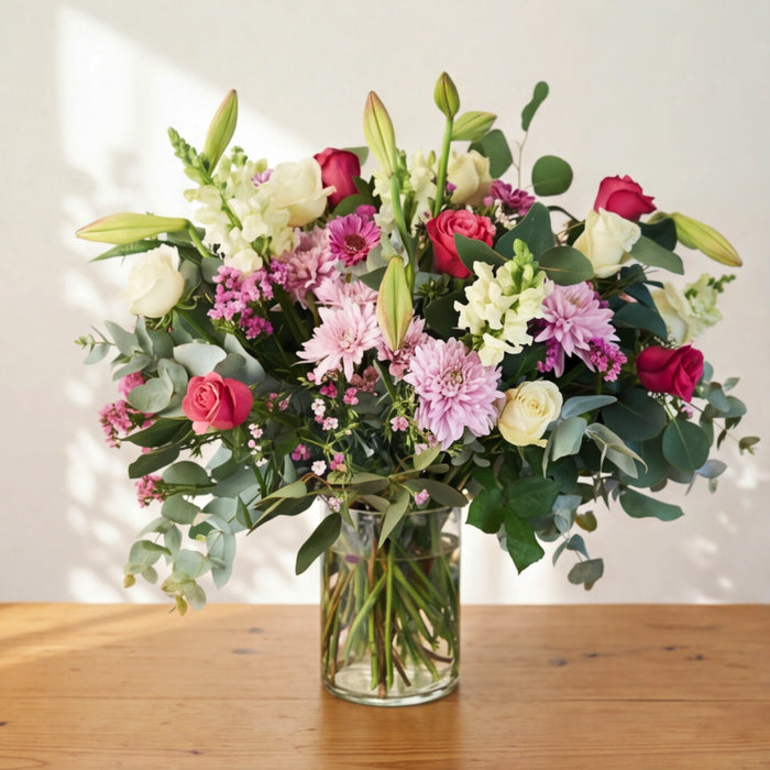 Creative Elegance pink and white flower arrangement of roses, chrysanthemums and gerberas in a glass vase.