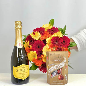 Crimson Dawn Gerbera Bouquet with Lindt Cornet Truffles Assorted Chocolates and Steenberg Cap Classique Chardonnay - Fabulous Flowers