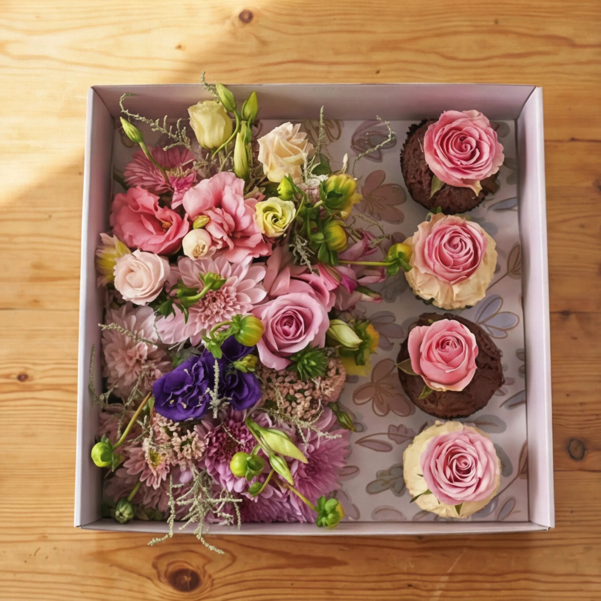 Top-down Cupcake Bloom Box with multi-tonal florals and 4 rose-topped cupcakes by Fabulous Flowers Cape Town