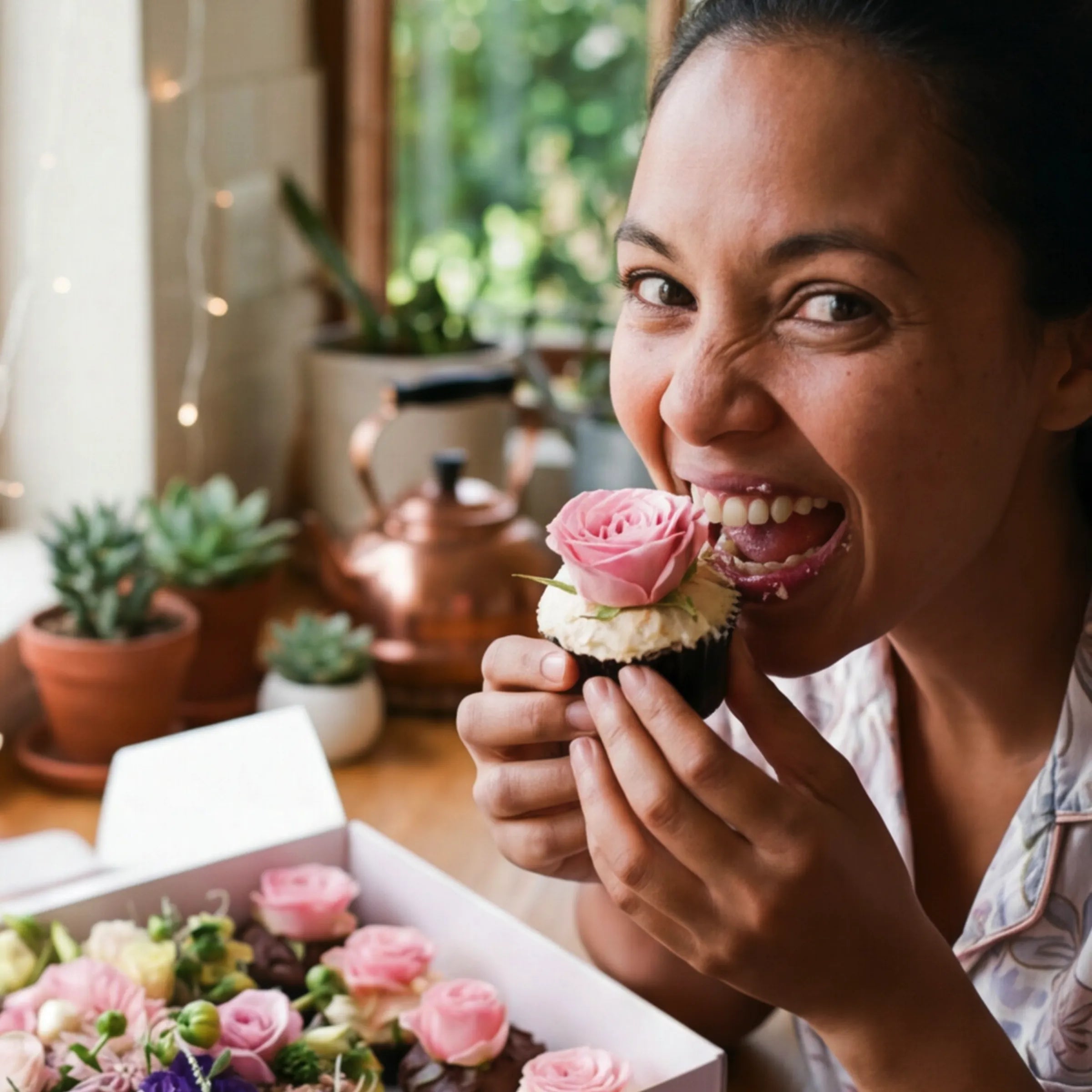 Recipient eating a vanilla cupcake topped with fresh pink rose from Fabulous Flowers Cupcake Bloom Box