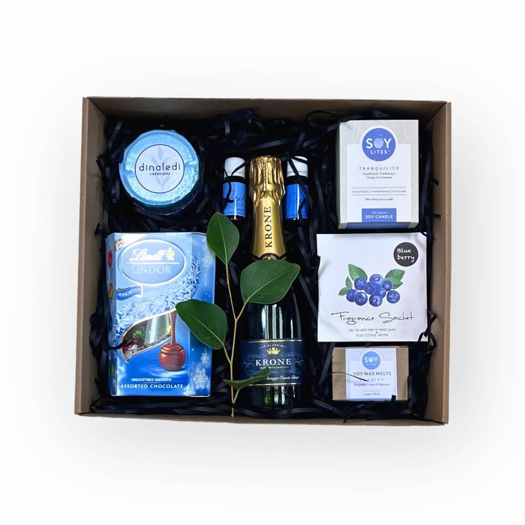 Decadence Delight Gift Hamper featuring premium items including chocolate, bubbly and SOY candle - Fabulous Flowers and Gifts