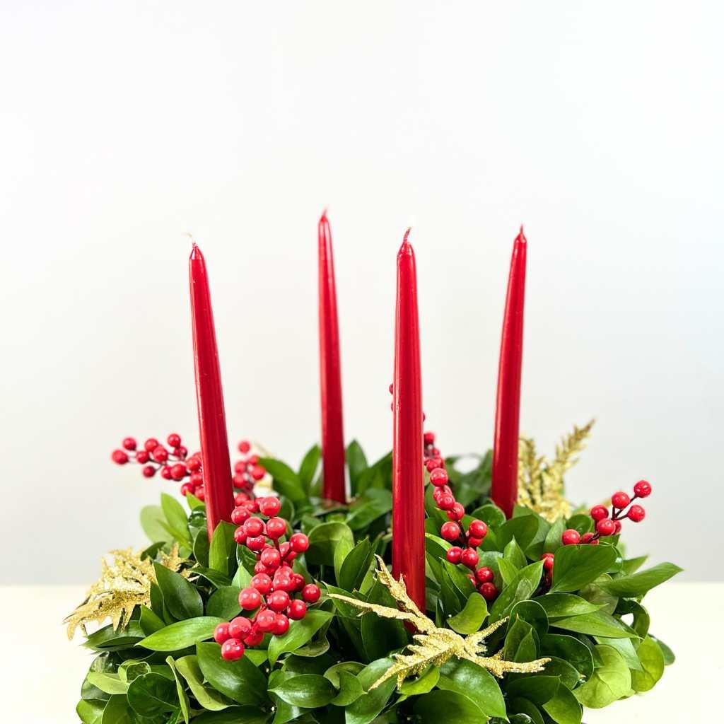 Bespoke Christmas Decor Wreath with red candles - Fabulous Flowers Cape Town