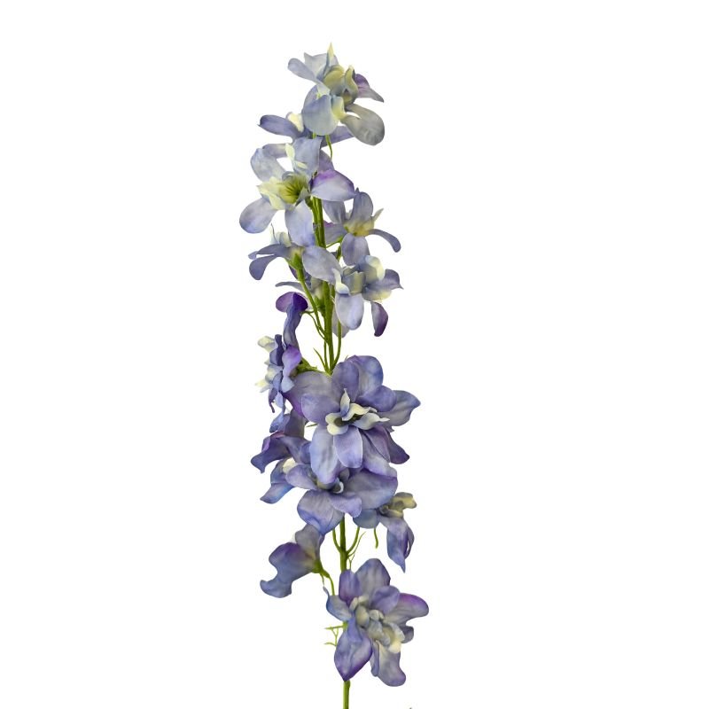 Artificial flower arrangement with purple and green flowers on a white background