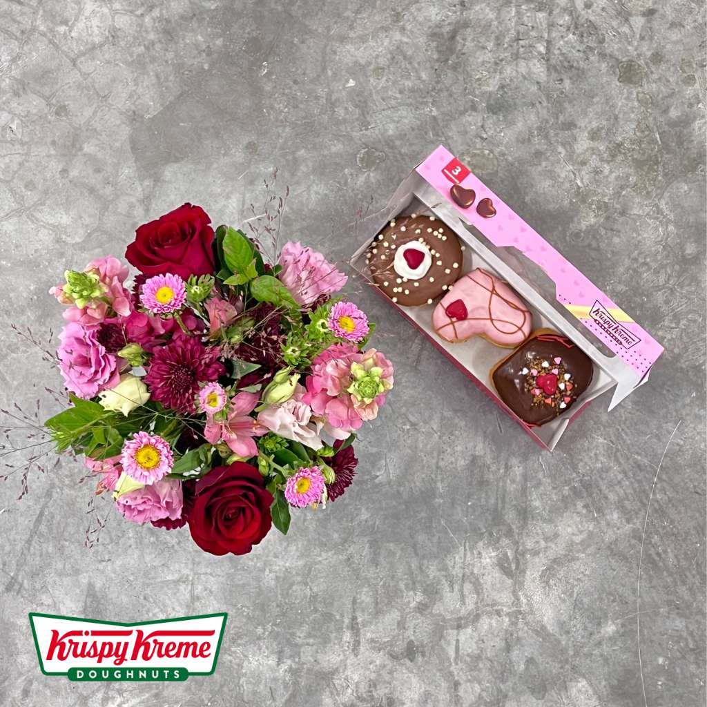 Krispy Kreme doughnuts paired with vibrant chrysanthemums in our special box - Fabulous Flowers and Gifts