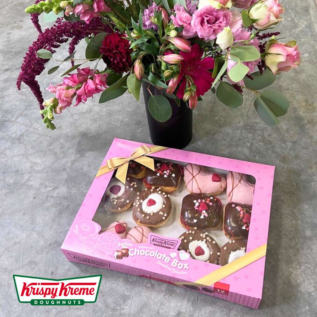 Luxury Doughnuts in Bloom gift with roses and Krispy Kreme by Fabulous Flowers and Gifts
