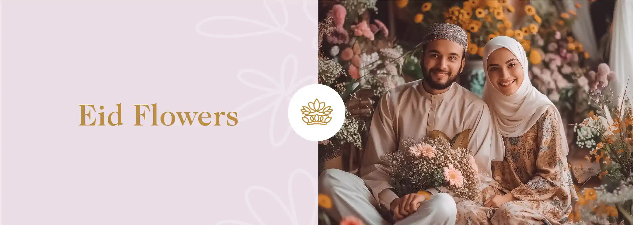 A smiling Muslim couple dressed in traditional attire, celebrating Eid with a beautiful assortment of flowers, epitomising the essence of Fabulous Flowers and Gifts.