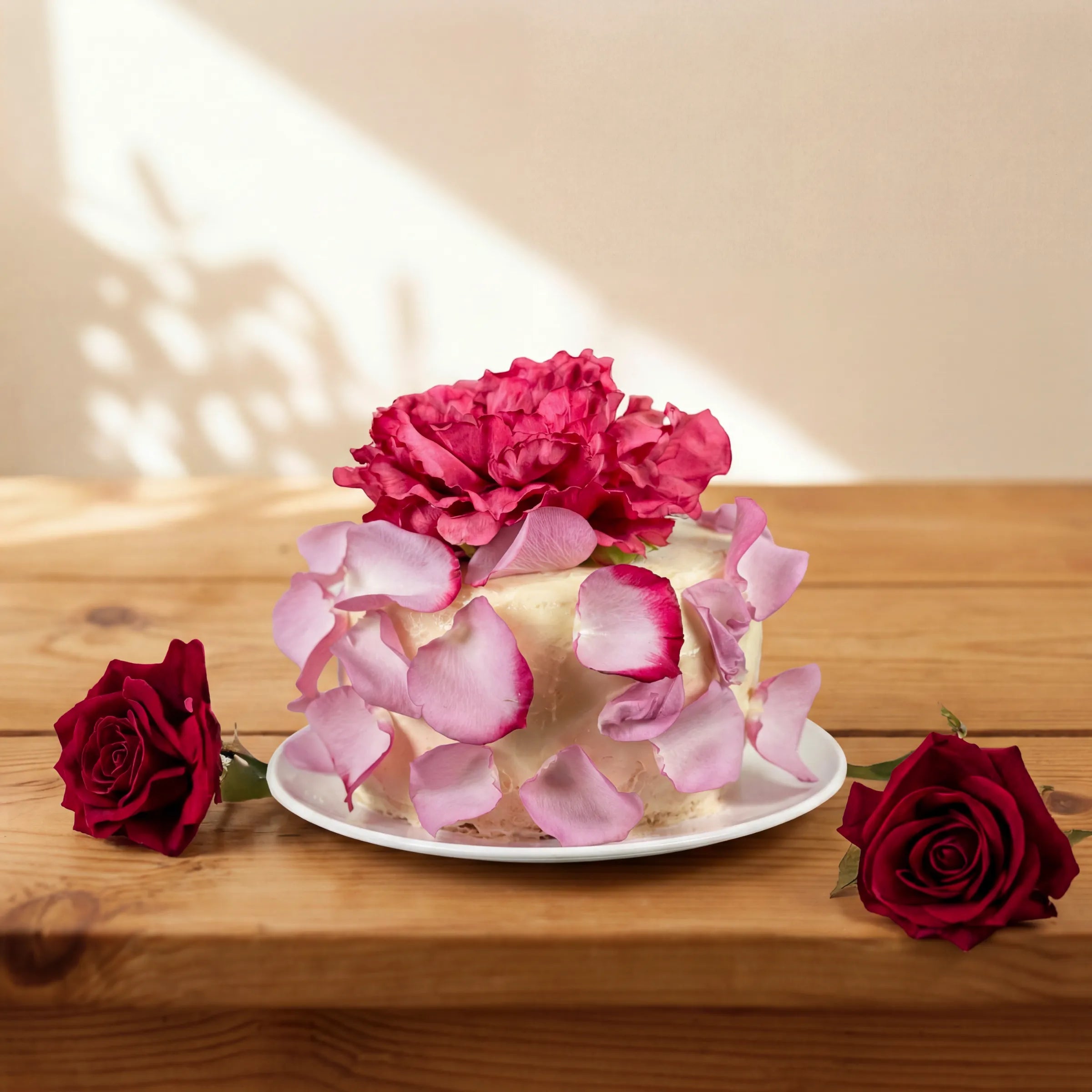 Elegance Rouge Cake with fuchsia peony and pink rose petals on white plate by Fabulous Flowers Cape Town since 1999