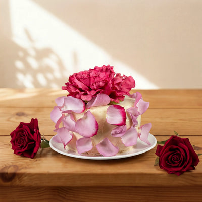 Elegance Rouge Cake with fuchsia peony and pink rose petals on white plate by Fabulous Flowers Cape Town since 1999