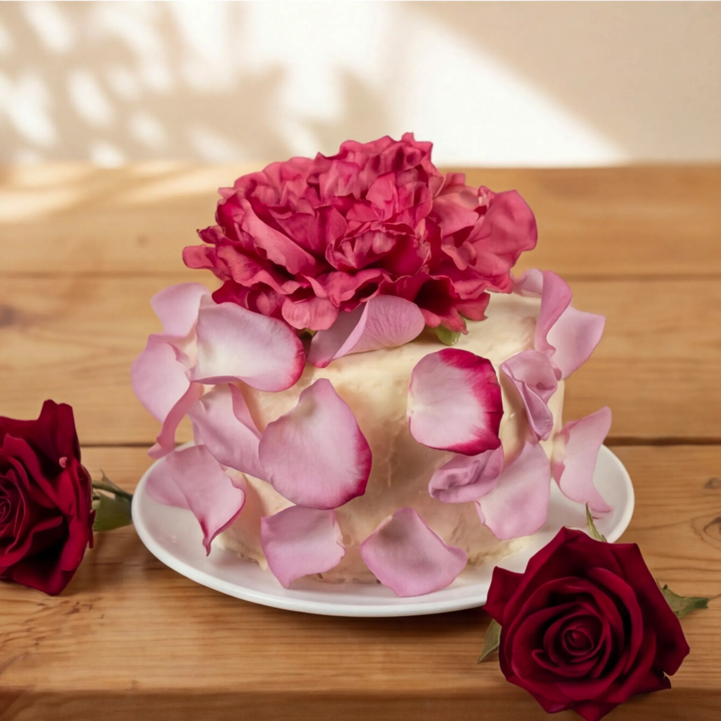 Side view of Elegance Rouge Cake with petal-clad sides and red roses, hand-made by Fabulous Flowers Cape Town