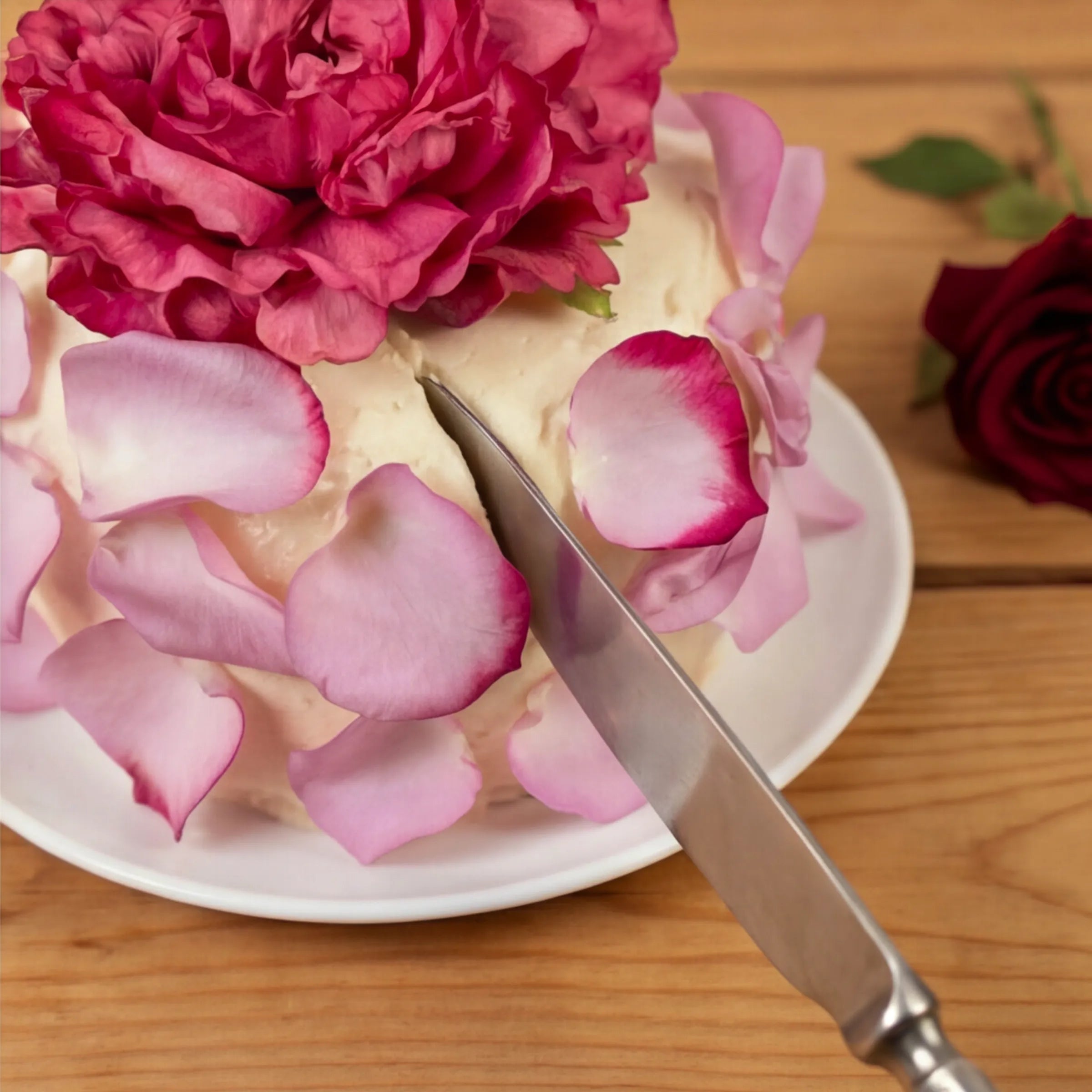Cutting the Elegance Rouge Cake with knife, fuchsia peony and pink rose petals, by Fabulous Flowers Claremont