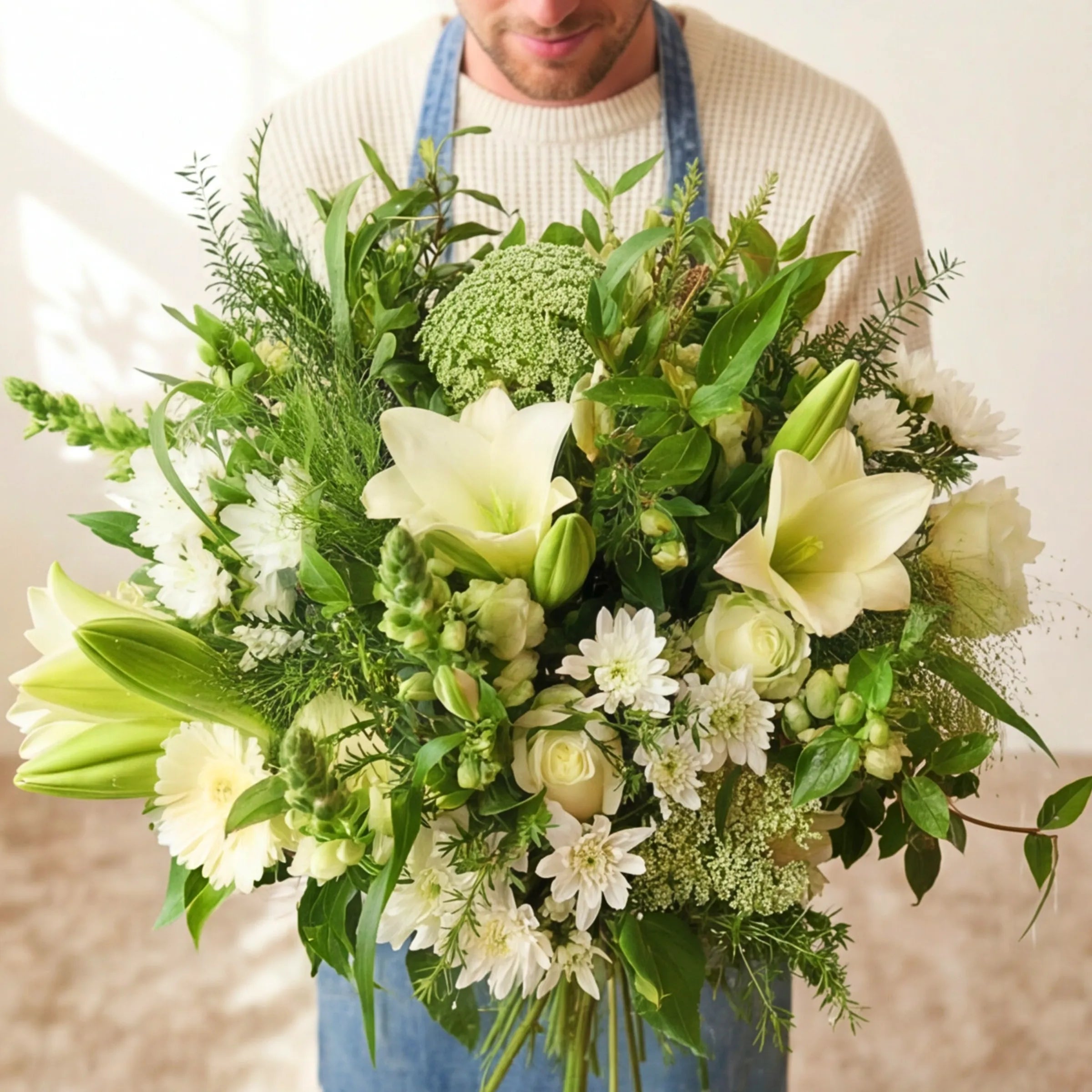 Close view of the Elegant White Bouquet, white lilies, roses and chrysanthemums in green foliage, Fabulous Flowers