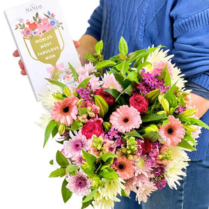Elegant Pastel Flower Bouquet arranged with pink roses and lilies and MaMere Nougat - Fabulous Flowers