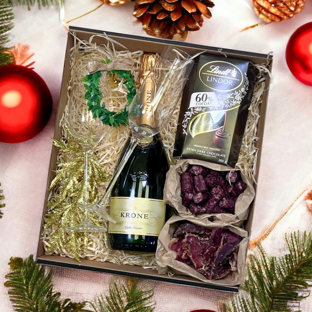 Krone Sparkling Wine, a feature of The Fabulous Christmas Gift Box with champagne flutes and biltong and droe words - Fabulous Gifts