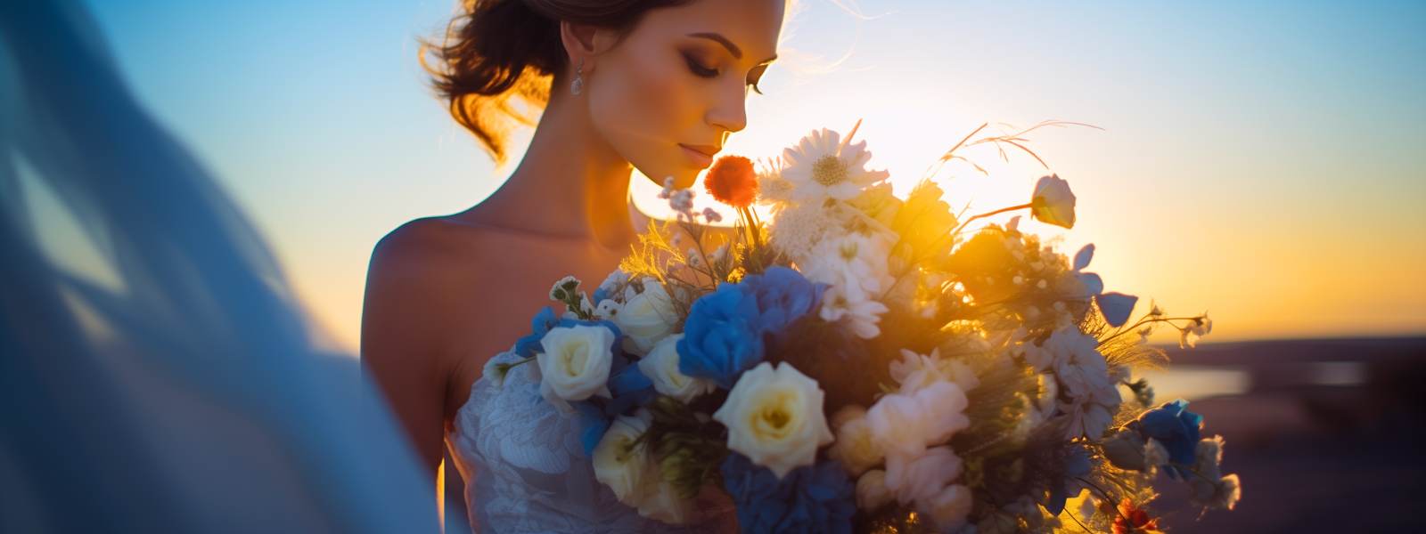 Gorgeous bride with her bridal bouquet of white and blue flowers during Cape Town sunset - Fabulous Flowers