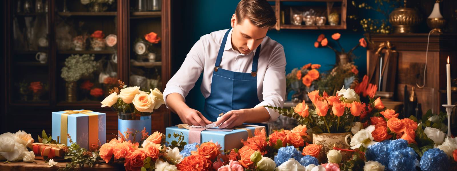 Male florist preparing a gift box or snack hamper surrounded by orange, white and blue flowers in a flower shop - Fabulous Flowers