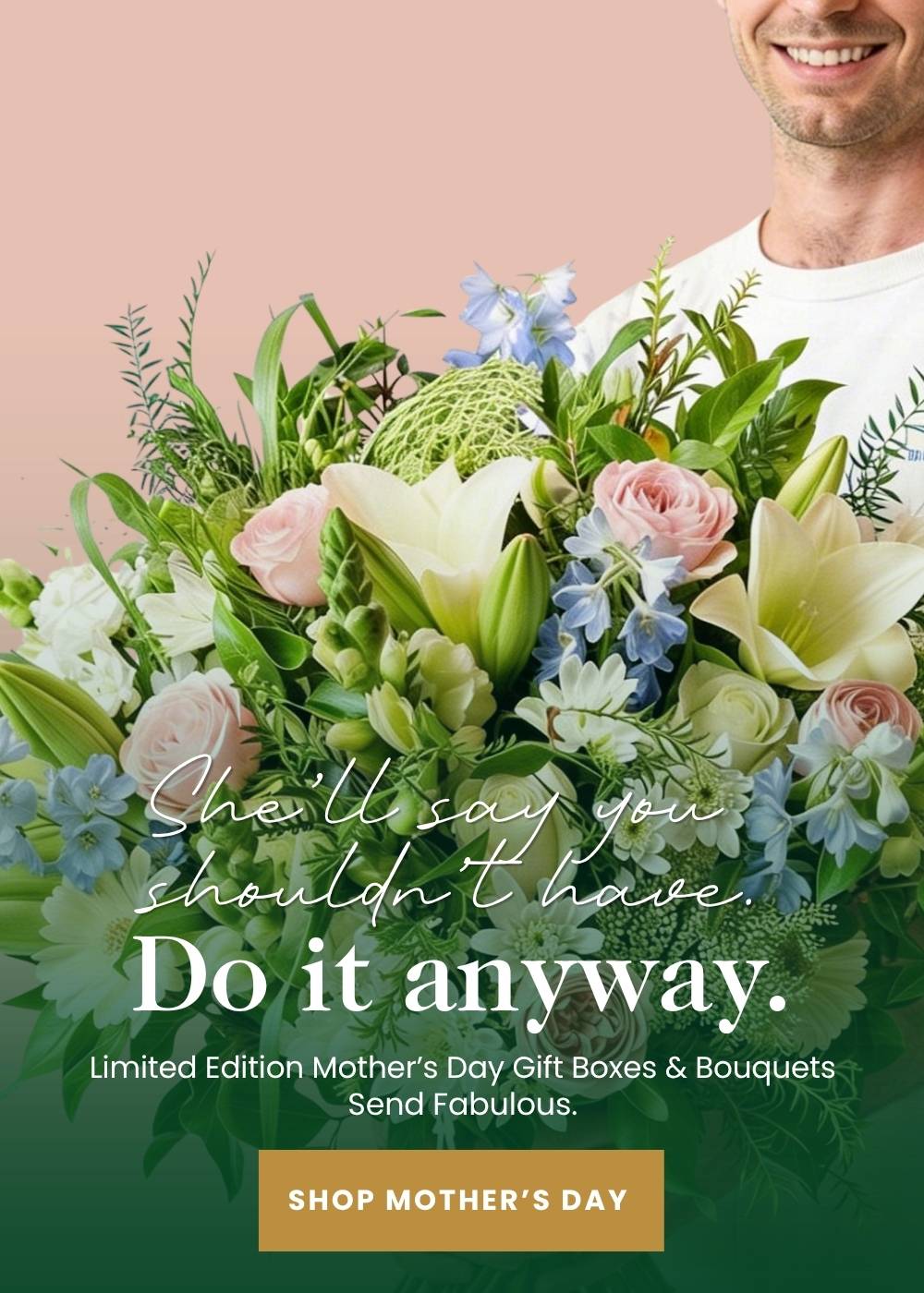 Man holding a lush pastel bouquet of pink roses, white lilies and blue flowers for Mother's Day — Fabulous Flowers & Gifts