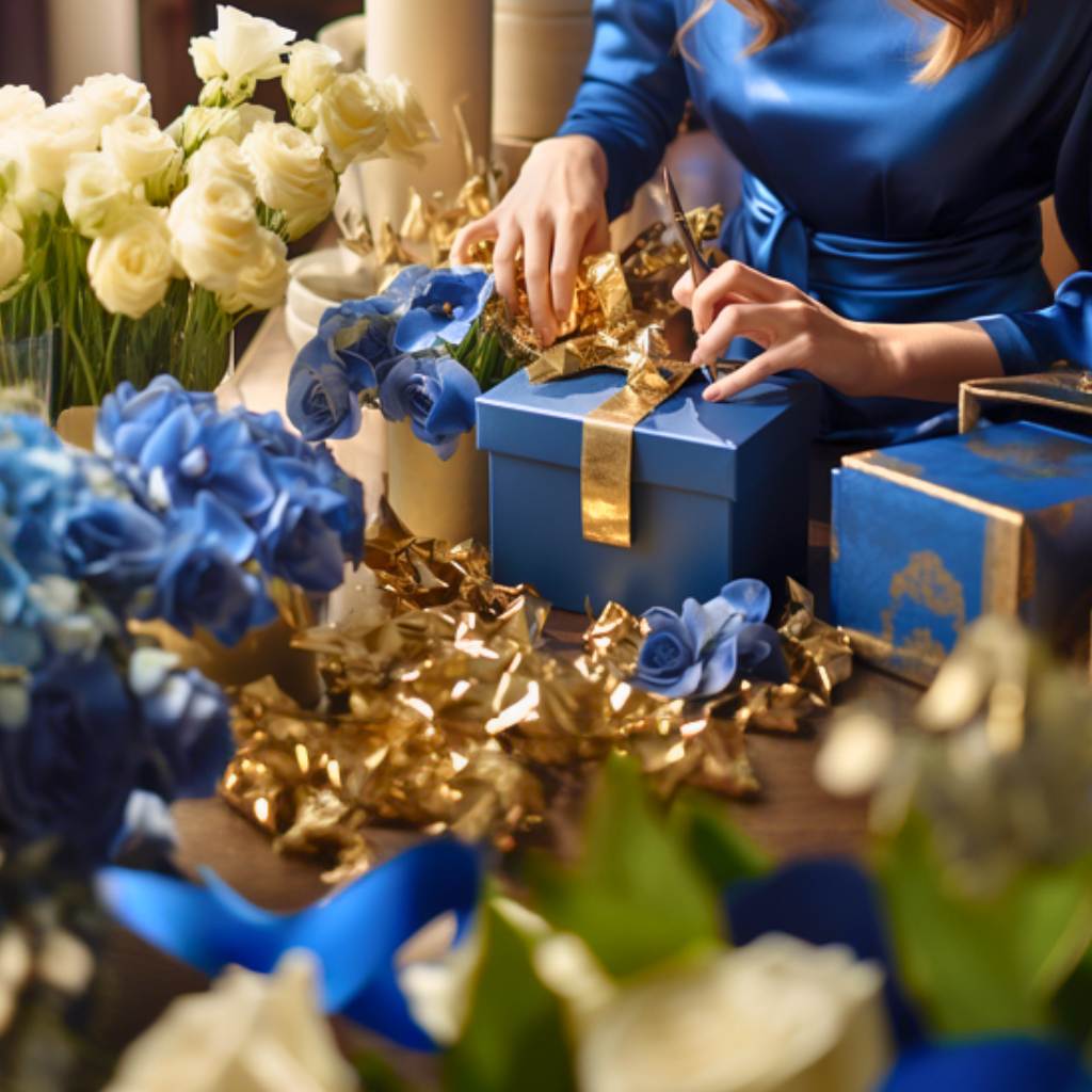 Florist wrapping gift boxes in gold ribbon surrounded by white flowers and blue gift hampers - Fabulous Flowers 