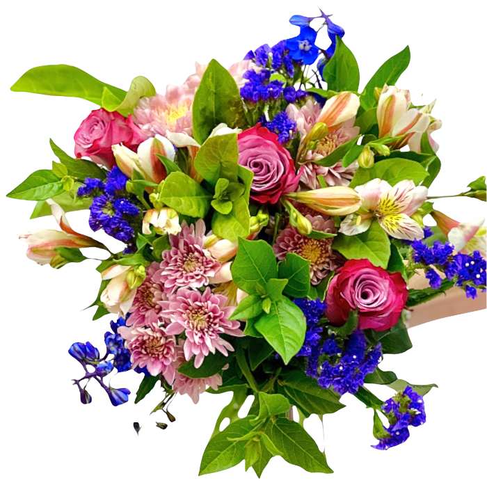 Bouquet of colorful flowers including roses and hydrangeas on a white background