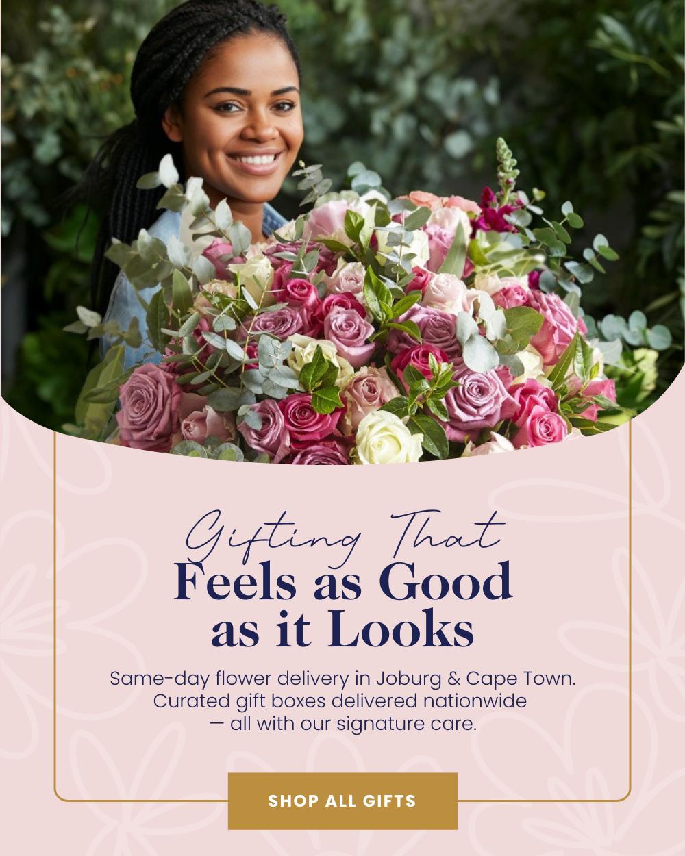 Feel Good Gifting by Fabulous Flowers & Gifts – woman holding lush rose bouquet, promoting same-day delivery and curated gift boxes