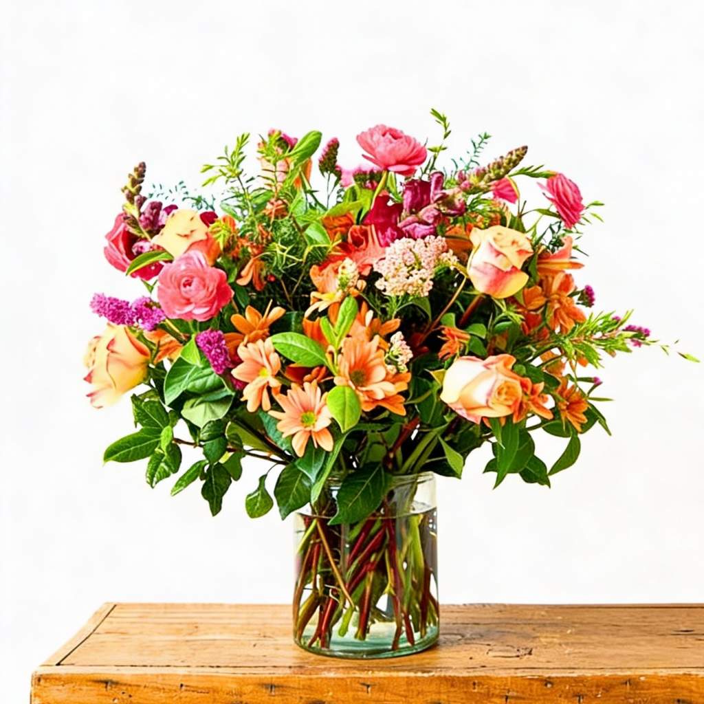Arrangement of colourful flowers in a clear vase on a wooden table with a white background