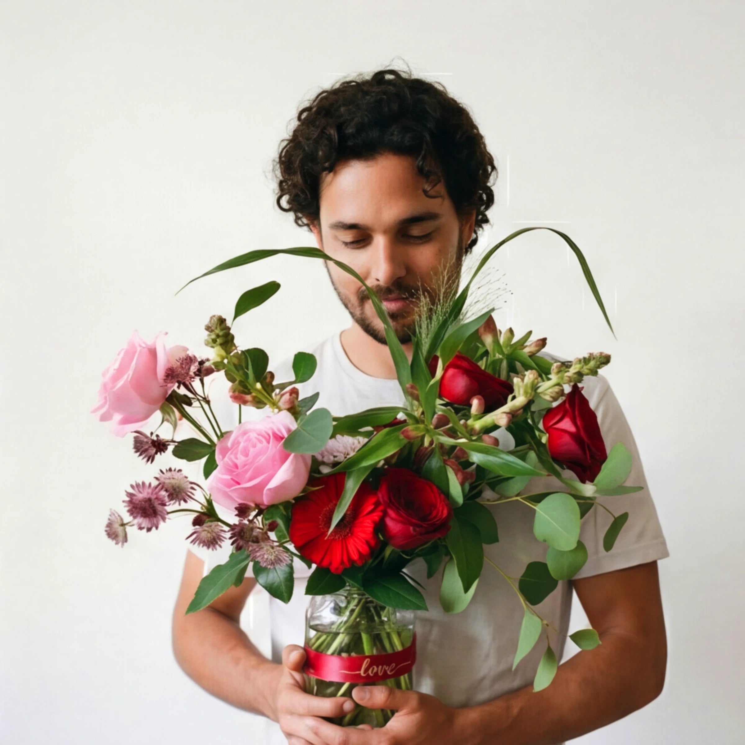 Man holding a bouquet of flowers with a white background