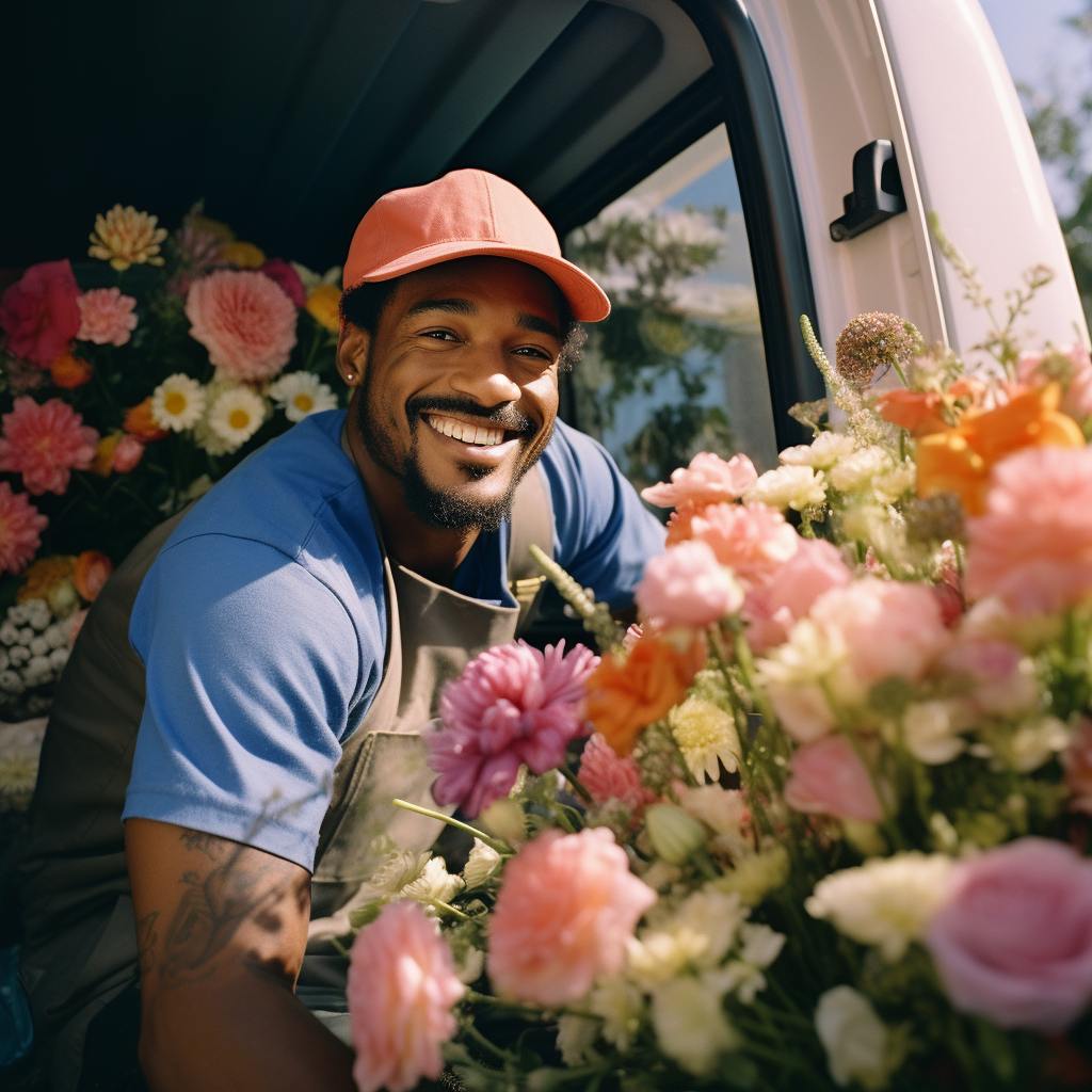 Flower delivery man wearing a cap in his van with fresh flowers - Fabulous flowers Cape Town