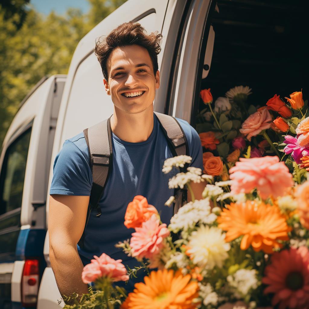 Smiling flower delivery guy with flowers standing next to his van - Fabulous Flower delivery to Cape Town