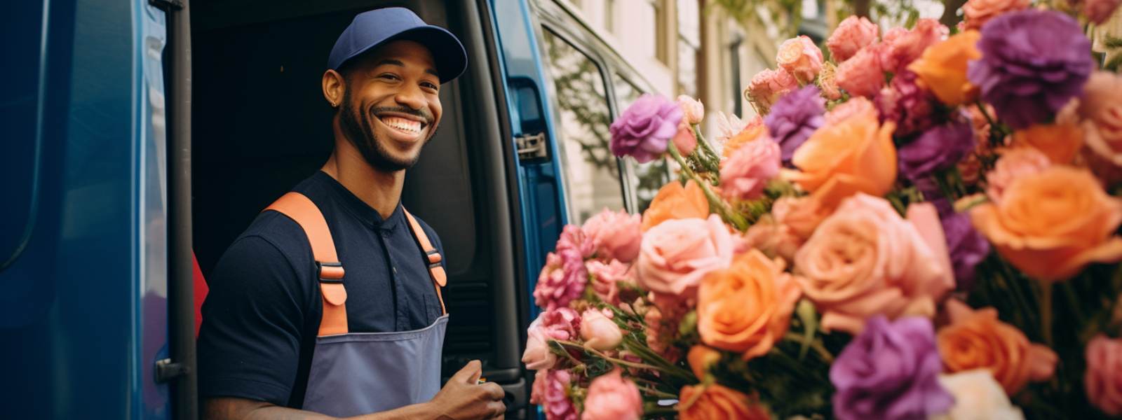 flower delivery to Cape Town, South Africa, delivery man smiling wiht cap and orange and pink roses and ranunculus - Fabulous Flowers