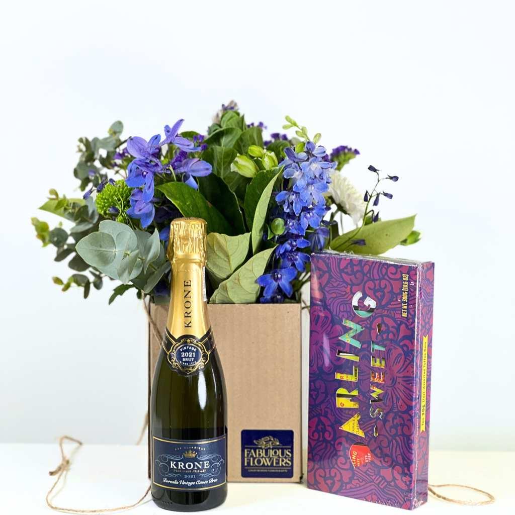 Green and Blue Flower Posy with Champagne Bottle - Fabulous Flowers and Gifts