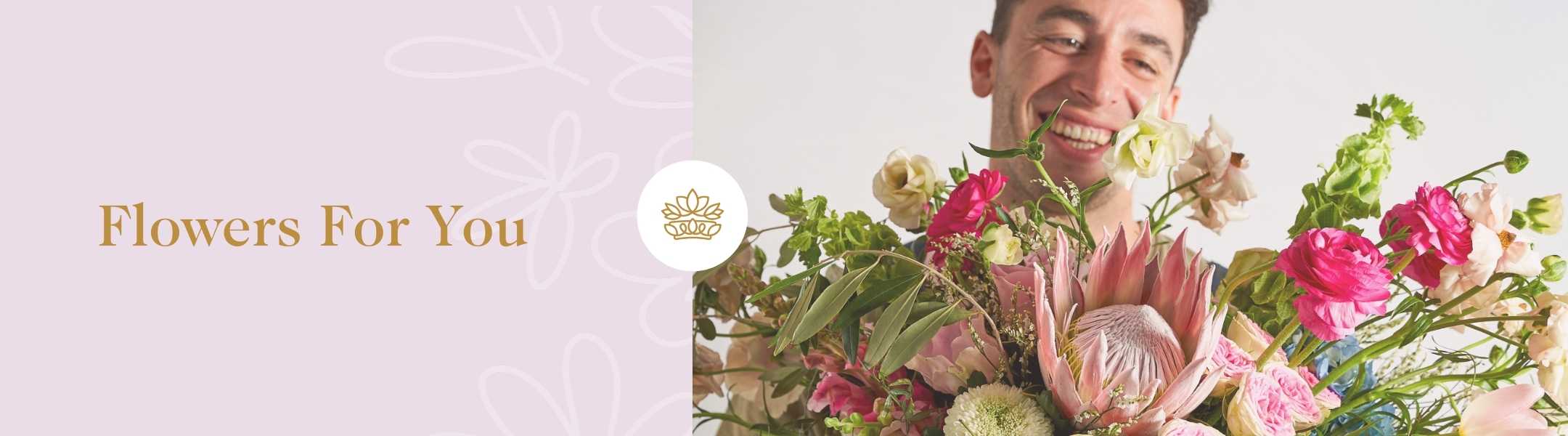 Flowers For You - A cheerful man holding a vibrant bouquet of flowers, including proteas and pink blooms, with the text 'Flowers For You' in gold on a light pink background.