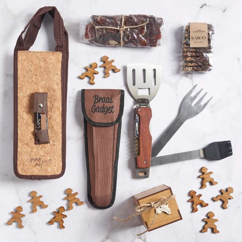 Gift hampers for him or gift baskets for him delivered in Cape Town. Gadget Dad includes tools every man needs to braai and get the essential done. 