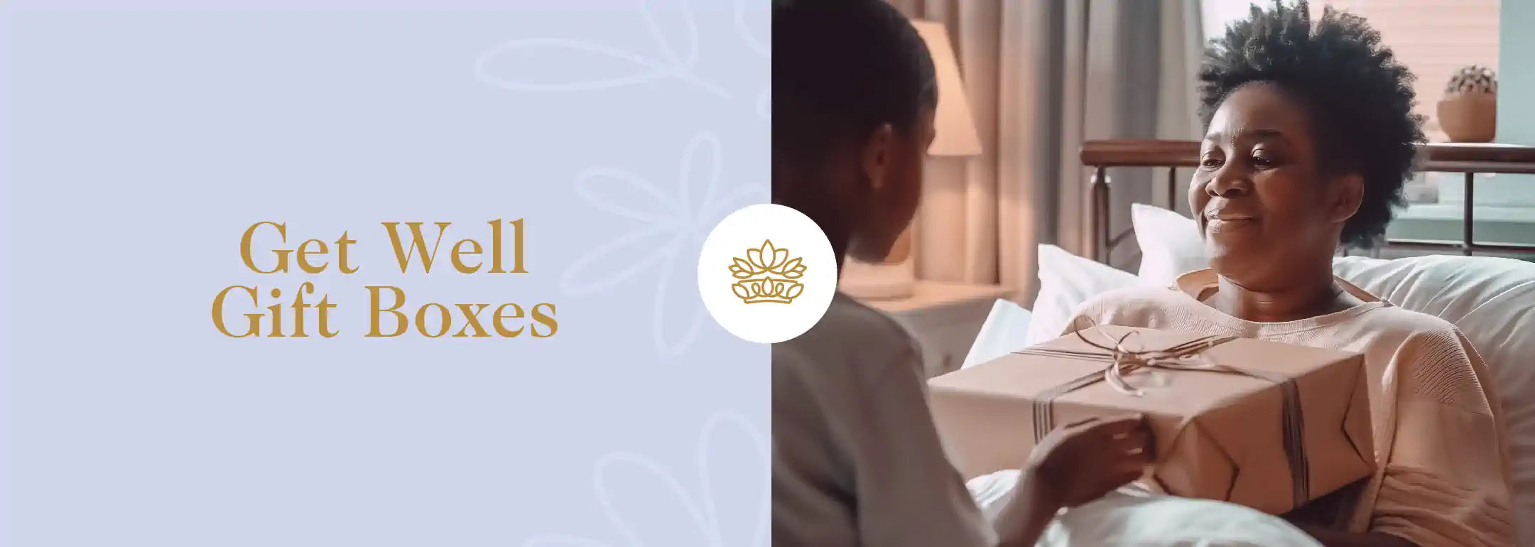 A tender moment as a young boy presents a beautifully wrapped gift box to a delighted woman in bed, both sharing a warm, heartfelt connection. Part of the Get Well Gift Boxes Collection at Fabulous Flowers and Gifts. 