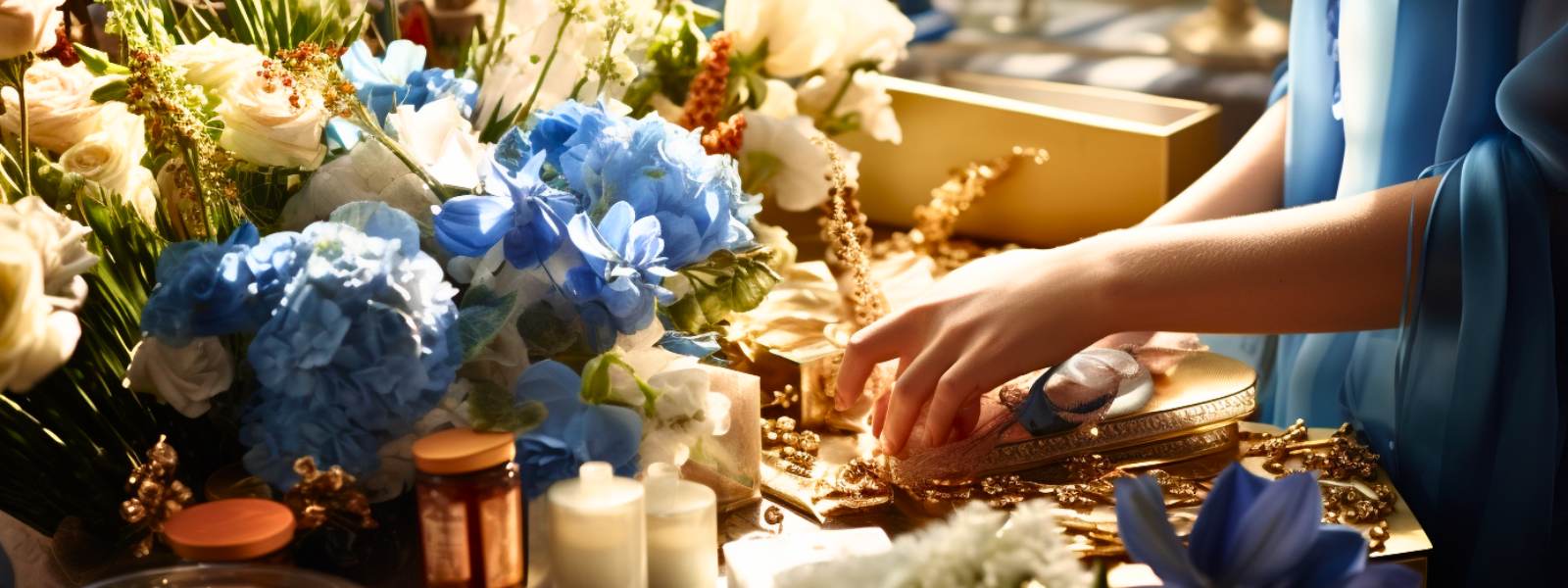 Buy Gift Boxes for Men and Gifts for Women, beautiful scene of blue and gold, florists hands creating a gift box - Fabulous Gifts