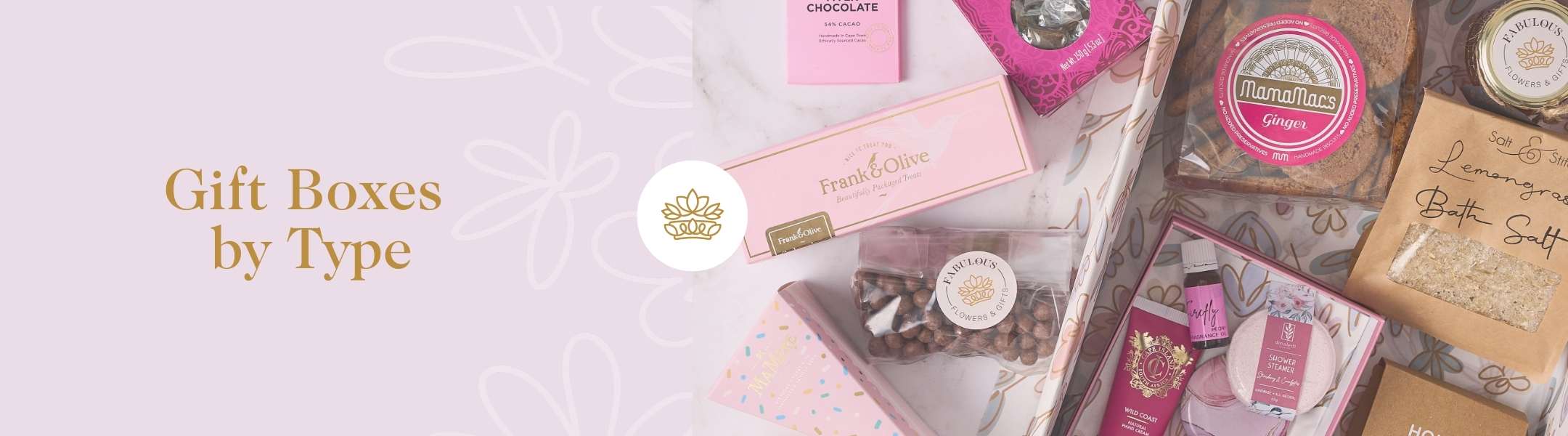 Gift Boxes by Type - A selection of beautifully packaged gift items, including chocolates, cookies, and bath salts, with the text 'Gift Boxes by Type' displayed in elegant gold, representing the diverse gift options available from Fabulous Flowers and Gifts.