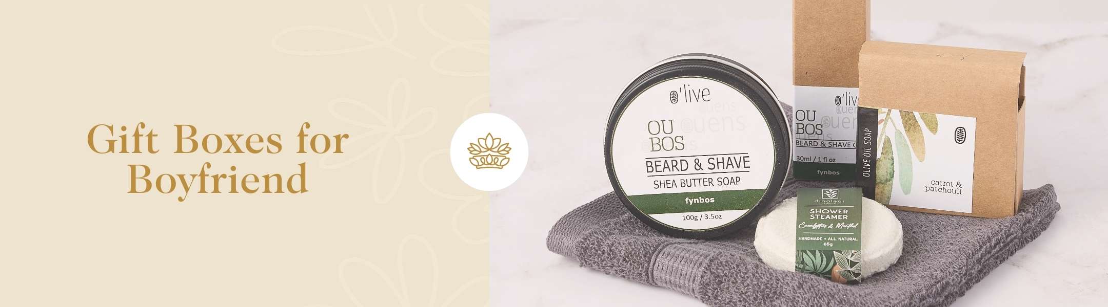 Gift Boxes for Boyfriend - Stylish text overlay on a light background with grooming products including beard and shave soap, representing gift options for boyfriends from Fabulous Flowers and Gifts.