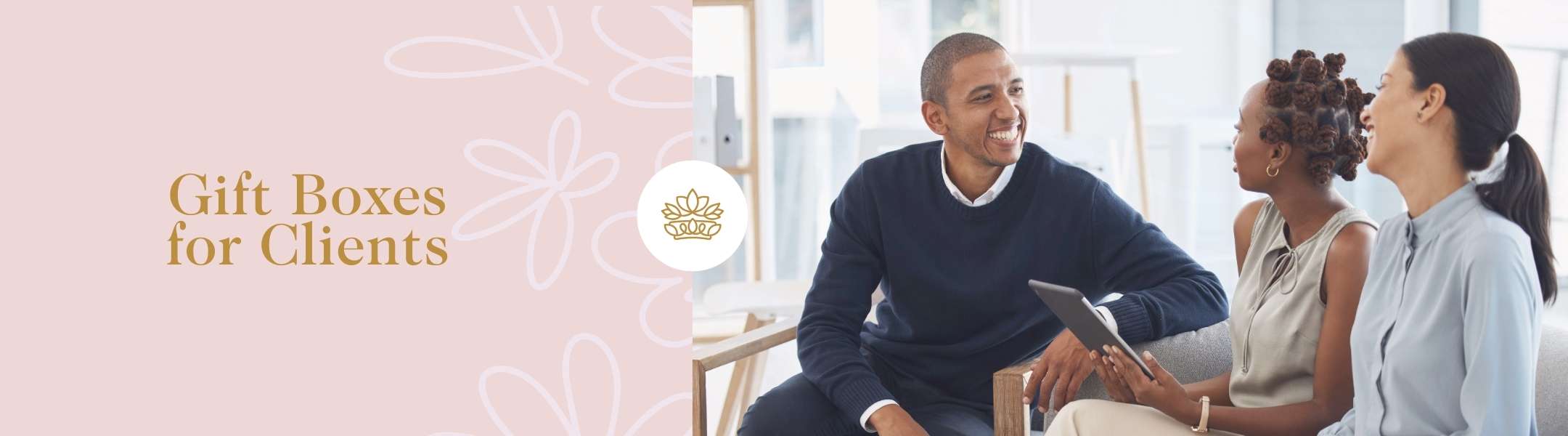 Professionals in a light office setting with 'Gift Boxes for Clients' text overlay on a soft pink background, featuring a floral design.