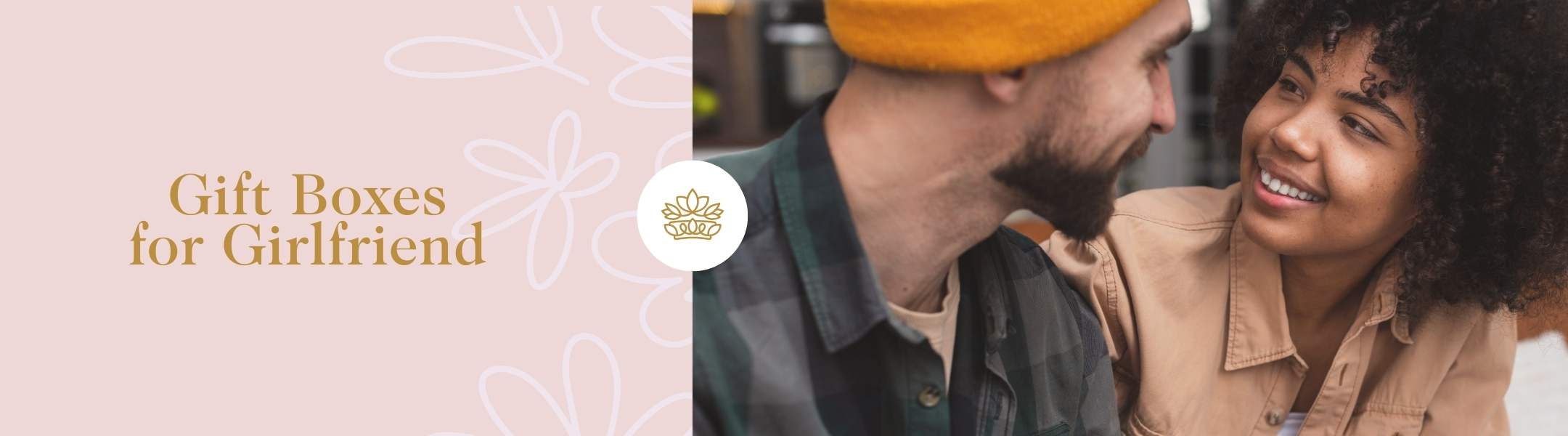 Gift Boxes for Girlfriend text beside a happy couple gazing at each other lovingly, with the man wearing a yellow beanie.