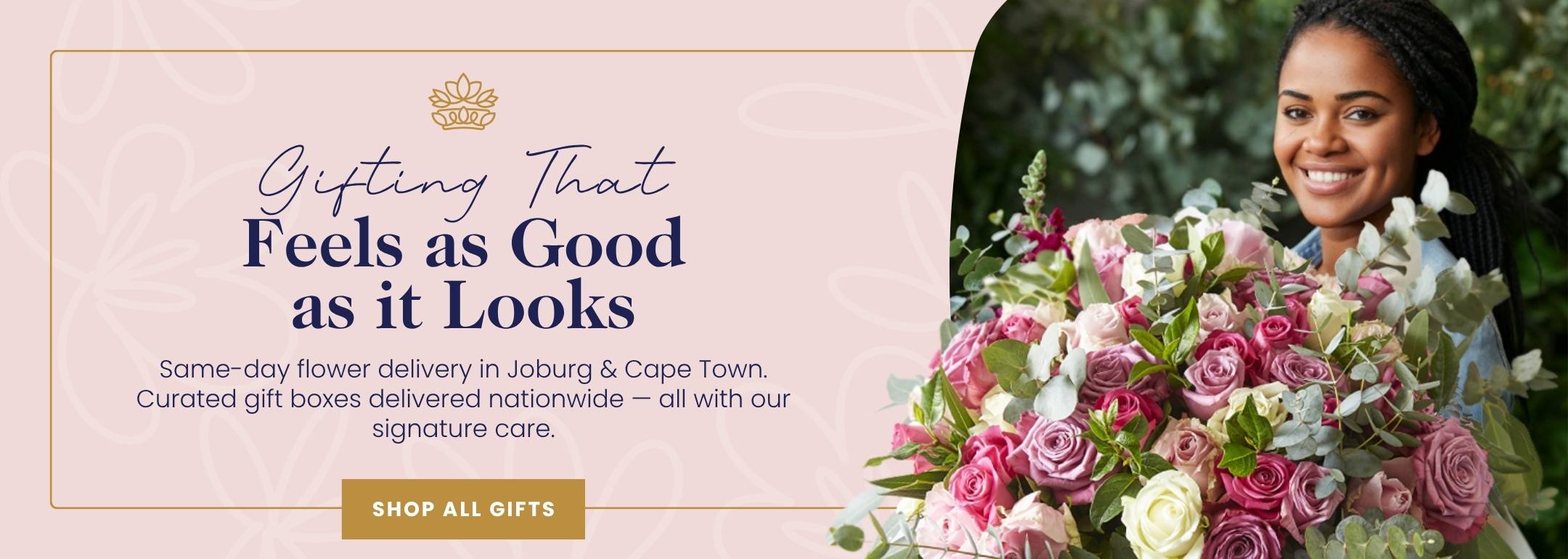 Woman holding a bouquet of flowers with promotional text for flower delivery service. Fabulous Flowers and Gifts.