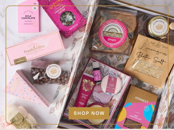 Elegant gift box for mums with bath salts, chocolates, ginger biscuits, and beauty products - Fabulous Flowers and Gifts.