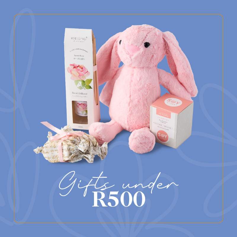 Fabulous Flowers & Gifts - Affordable gift set under R500 with a pink bunny, diffuser, and scented candle for delightful gifting.