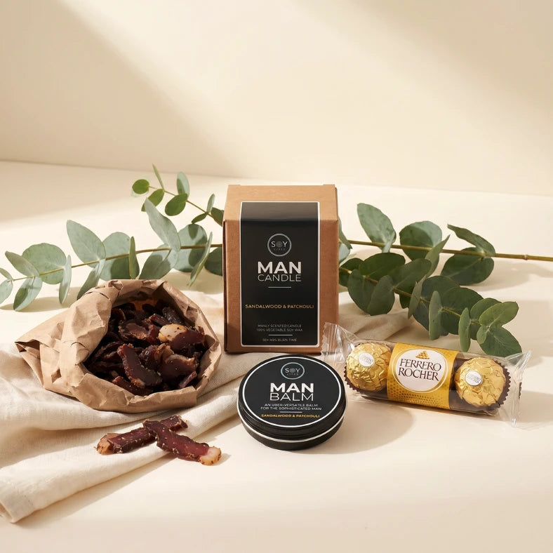 Gifts for a Man Hamper styled with Soy Lites Sandalwood Man Candle, Man Balm, Ferrero Rocher and biltong, Fabulous Flowers and Gifts