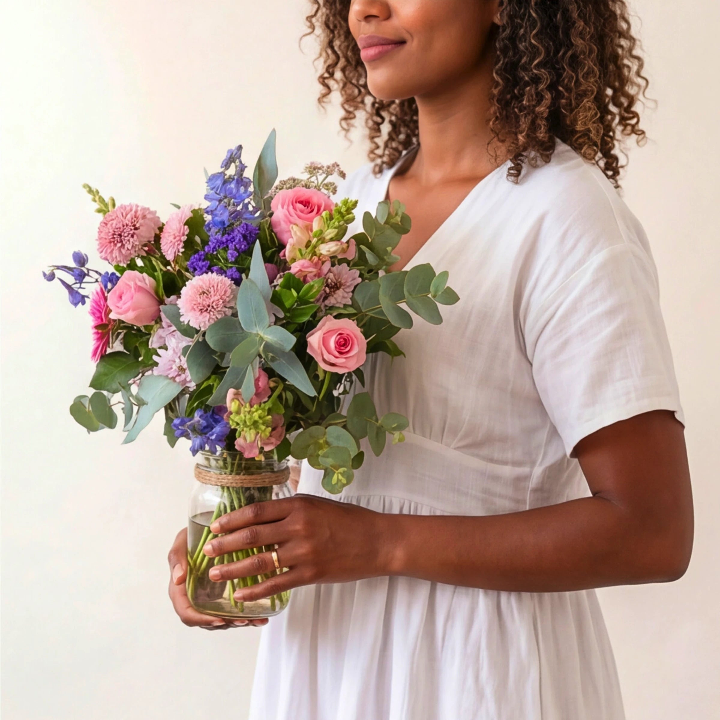 Woman in white holding Glee in a Jar from Fabulous Flowers South Africa, pink roses, pink chrysanthemums, pink gerbera, blue delphinium and purple statice in a twine-tied glass jar for same-day Cape Town and Johannesburg delivery
