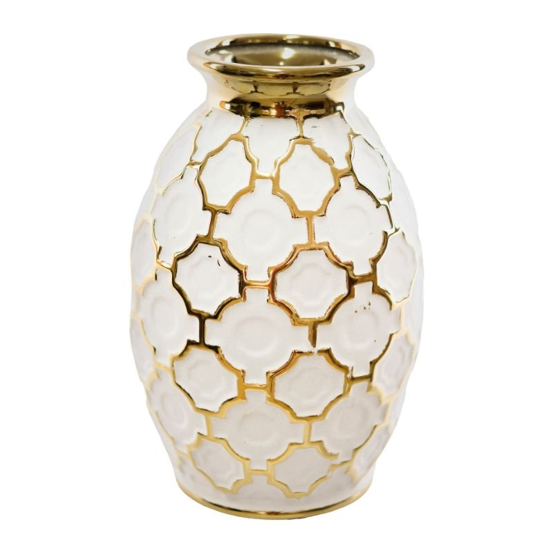 Decorative vase with gold geometric pattern on a white background