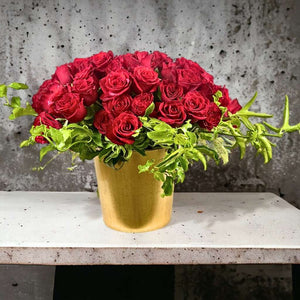 Golden Majesty 100 red roses arrangement in golden vase - Fabulous Flowers and Gifts