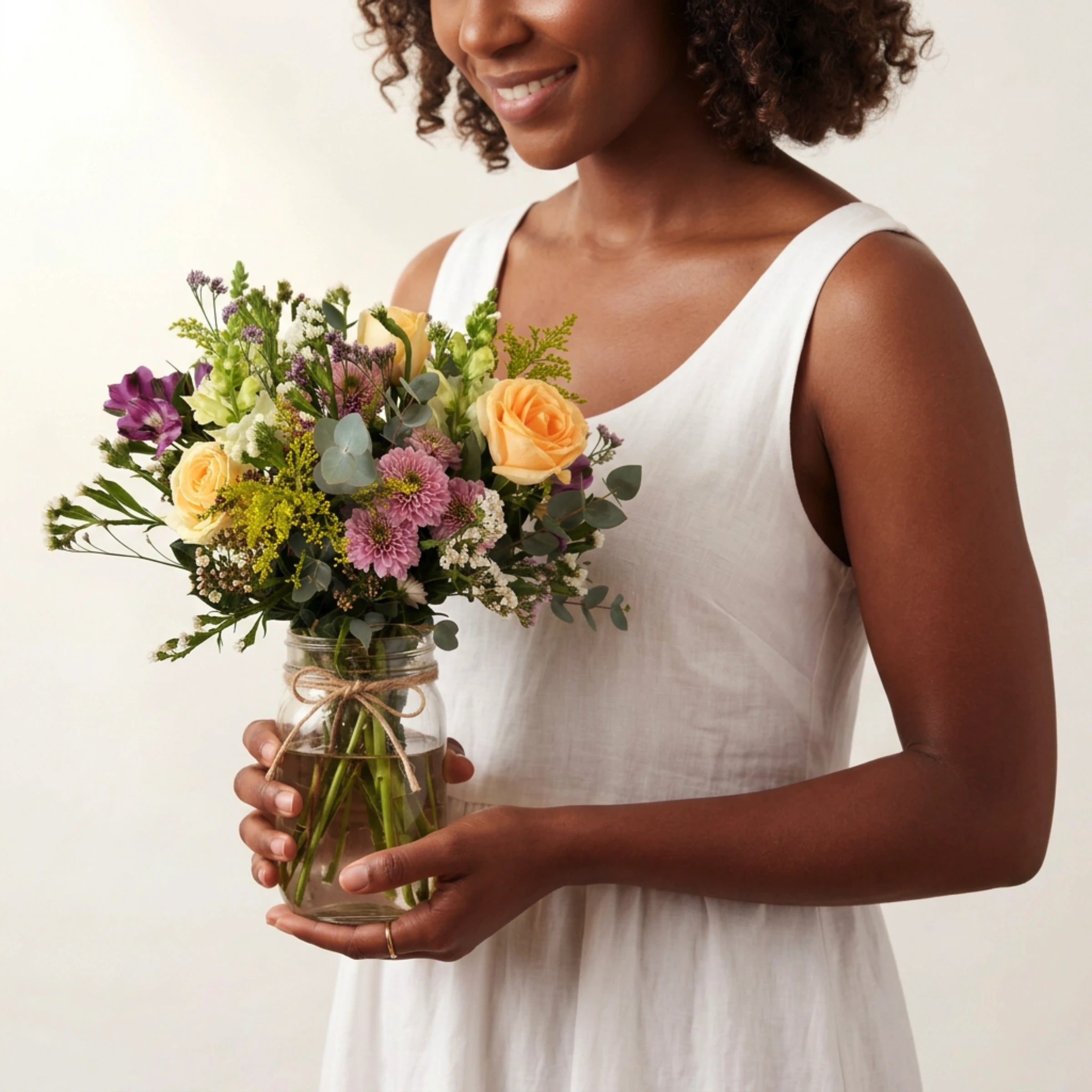 Black woman with short curly hair in a white linen sleeveless dress holding the Grace in a Jar arrangement with peach roses, lilac chrysanthemum, purple alstroemeria, white snapdragons and silver dollar eucalyptus in a glass mason jar tied with twine, from Fabulous Flowers Cape Town.