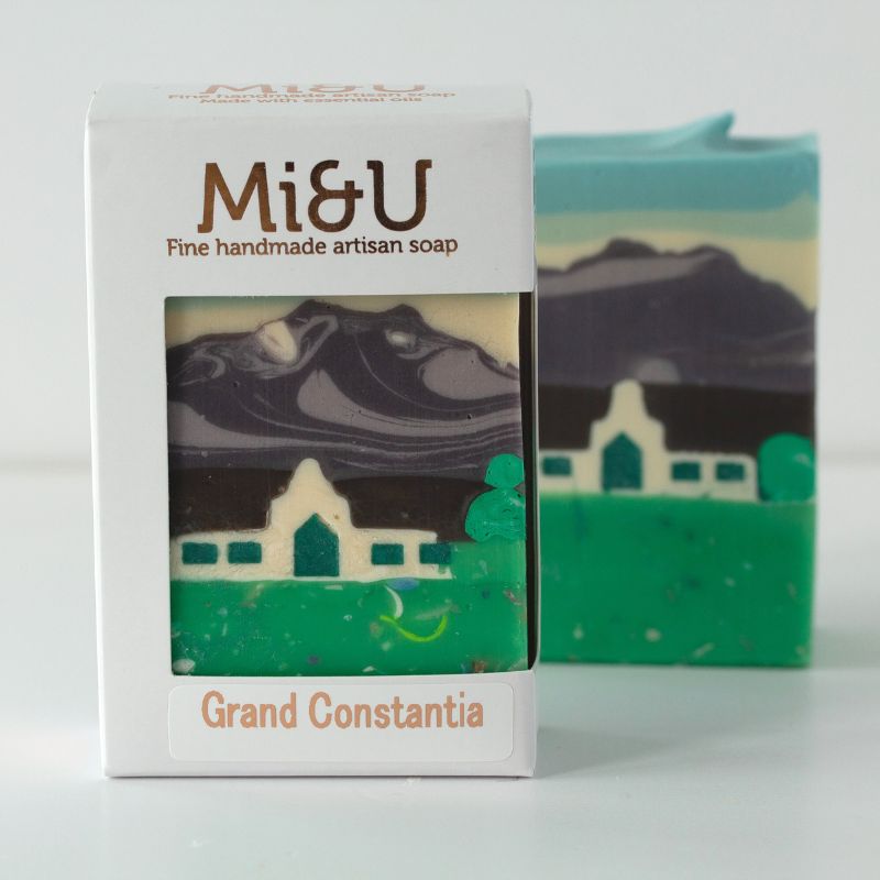 Mi&U handmade artisan soap with a scenic design on a white background