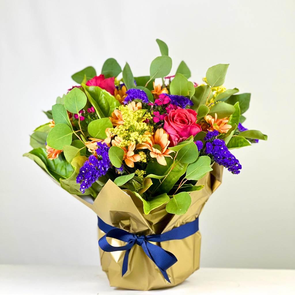 Grateful For You Flower Arrangement with pink roses, orange chrysanthemums Wrapped in Gold Paper - Fabulous Flowers