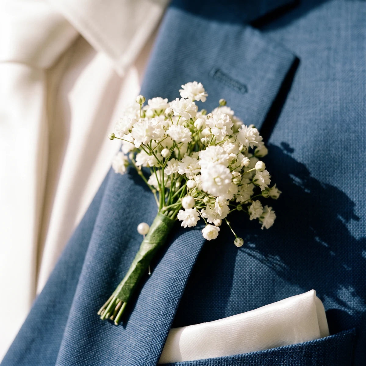 Close-up of a white gypsophila buttonhole on a blue suit lapel, Fabulous Flowers South Africa
