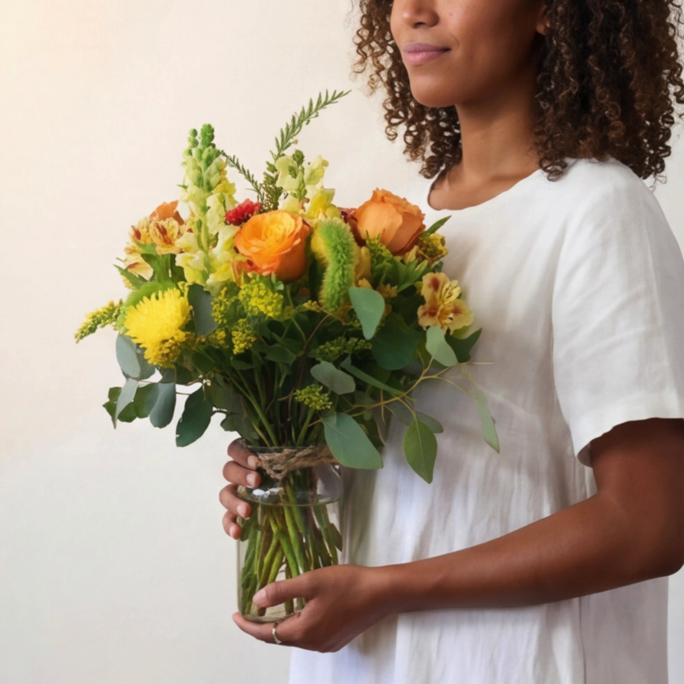 Woman holding Happiness in a Jar from Fabulous Flowers South Africa, cherry brandy roses, orange ranunculus, yellow snapdragons, chrysanthemums and eucalyptus in a clear glass jar for same-day Cape Town and Johannesburg delivery